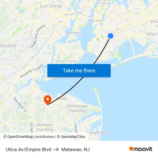 Utica Av/Empire Blvd to Matawan, NJ map
