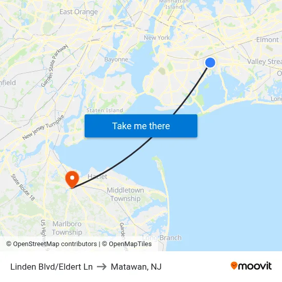 Linden Blvd/Eldert Ln to Matawan, NJ map
