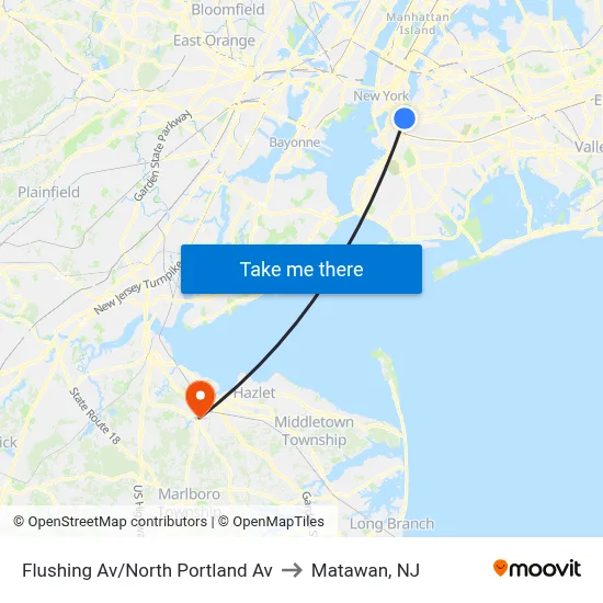 Flushing Av/North Portland Av to Matawan, NJ map