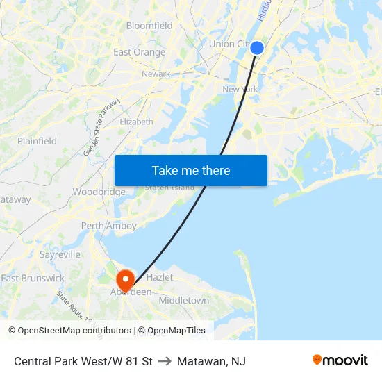 Central Park West/W 81 St to Matawan, NJ map