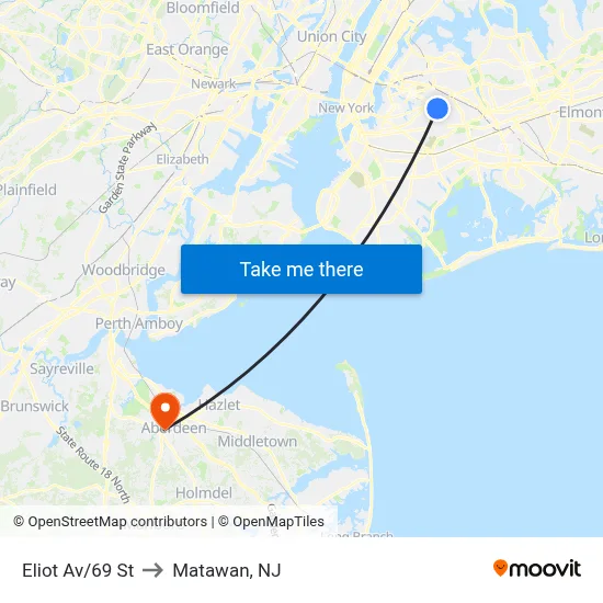 Eliot Av/69 St to Matawan, NJ map