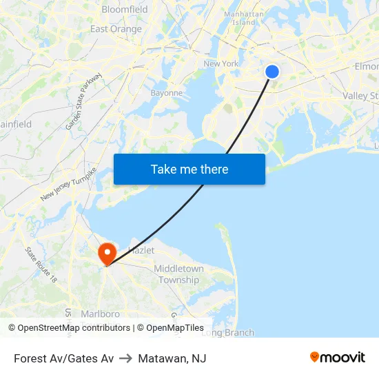 Forest Av/Gates Av to Matawan, NJ map