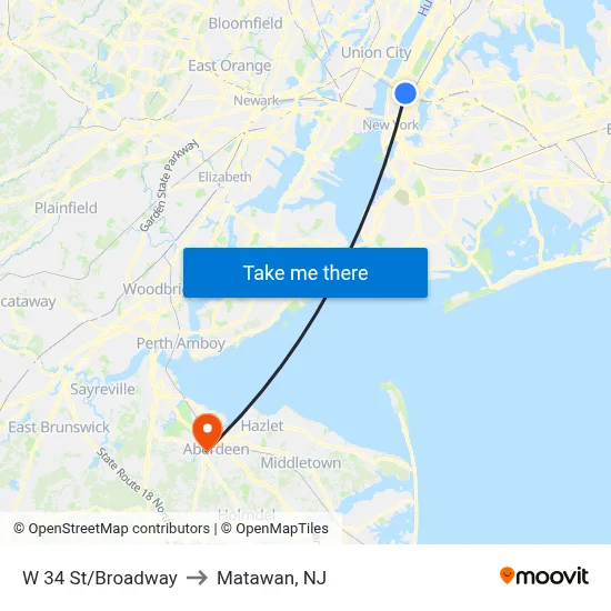 W 34 St/Broadway to Matawan, NJ map