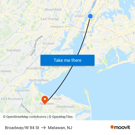 Broadway/W 84 St to Matawan, NJ map