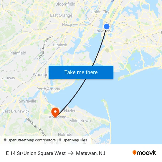 E 14 St/Union Square West to Matawan, NJ map