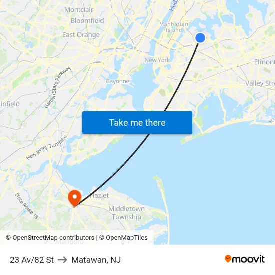 23 Av/82 St to Matawan, NJ map
