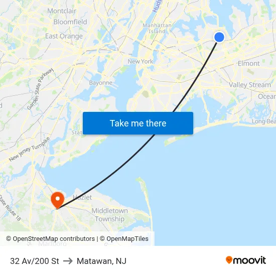32 Av/200 St to Matawan, NJ map