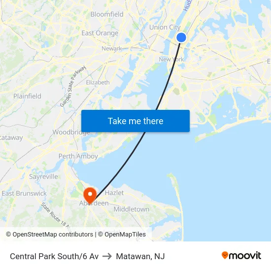 Central Park South/6 Av to Matawan, NJ map