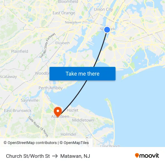 Church St/Worth St to Matawan, NJ map