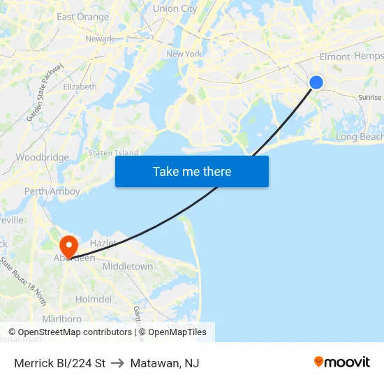 Merrick Bl/224 St to Matawan, NJ map