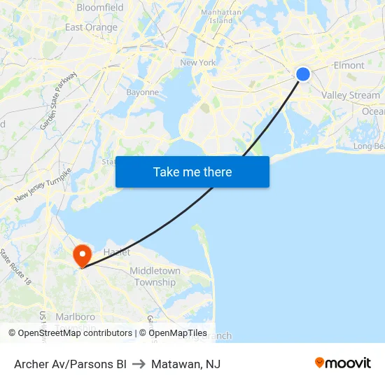 Archer Av/Parsons Bl to Matawan, NJ map