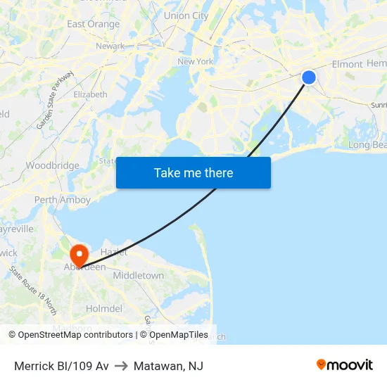 Merrick Bl/109 Av to Matawan, NJ map