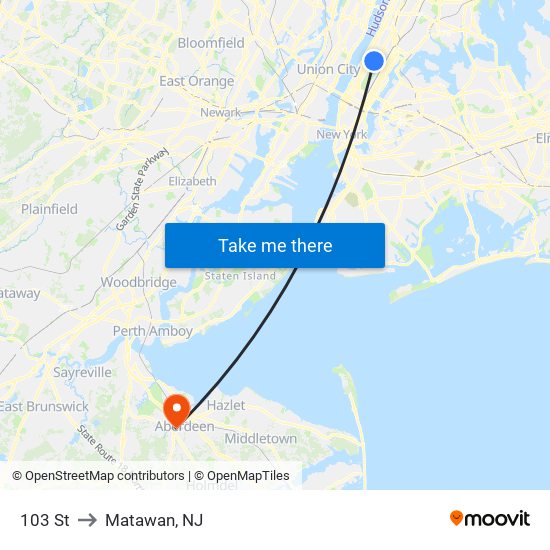 103 St to Matawan, NJ map