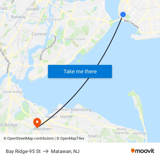 Bay Ridge-95 St to Matawan, NJ map