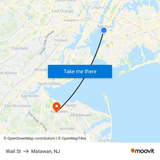 Wall St to Matawan, NJ map