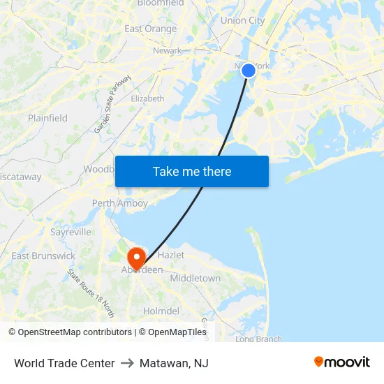 World Trade Center to Matawan, NJ map