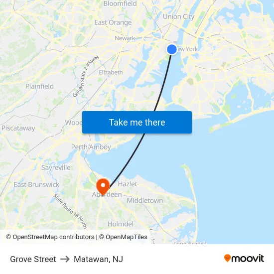 Grove Street to Matawan, NJ map