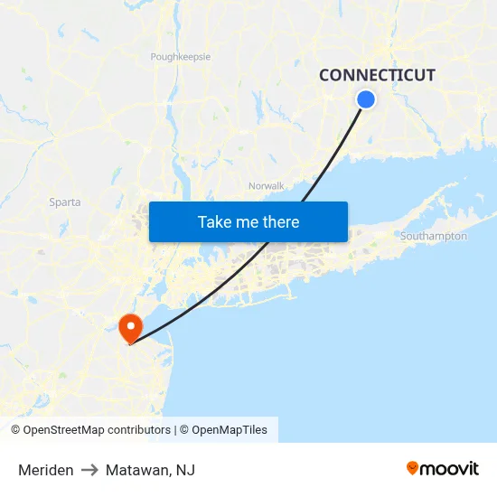 Meriden to Matawan, NJ map