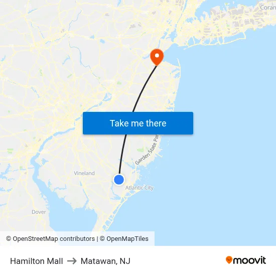 Hamilton Mall to Matawan, NJ map