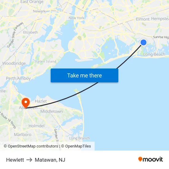 Hewlett to Matawan, NJ map