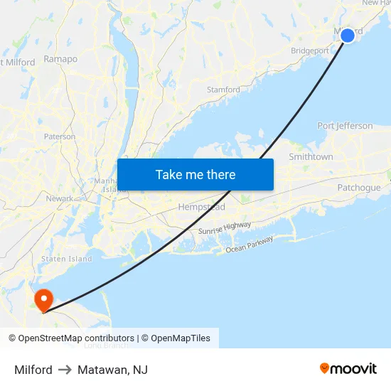 Milford to Matawan, NJ map