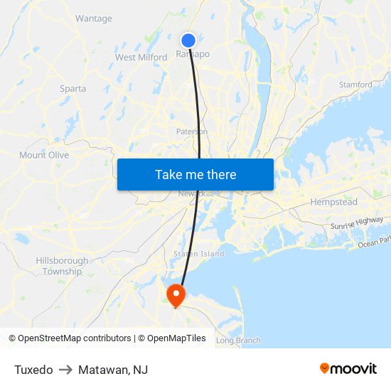 Tuxedo to Matawan, NJ map