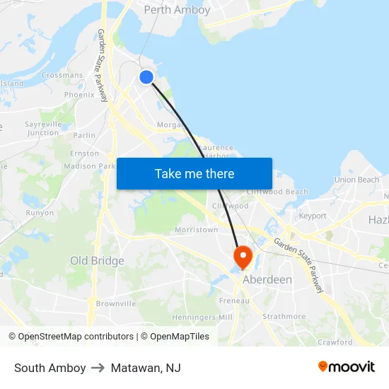 South Amboy to Matawan, NJ map