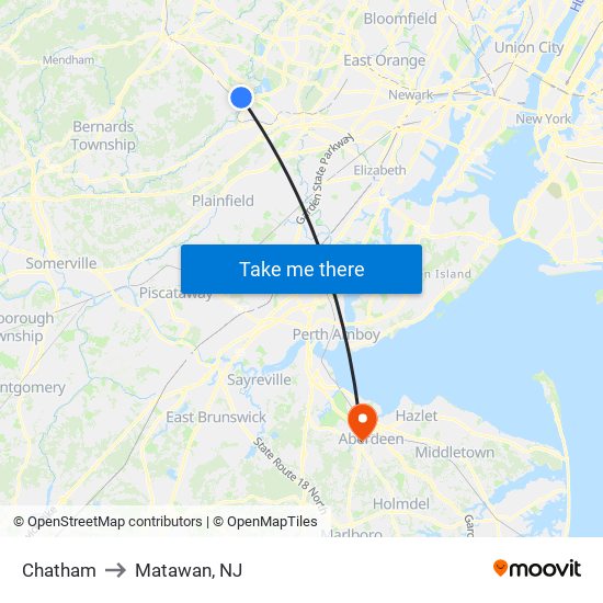 Chatham to Matawan, NJ map