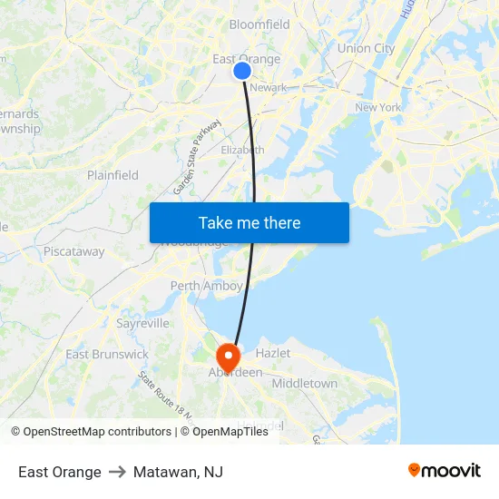 East Orange to Matawan, NJ map