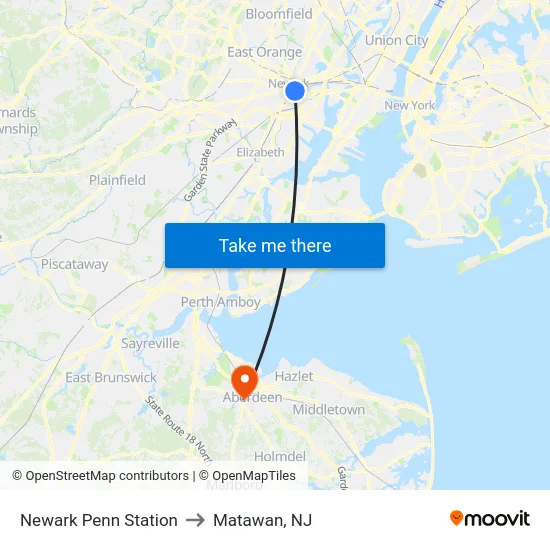 Newark Penn Station to Matawan, NJ map