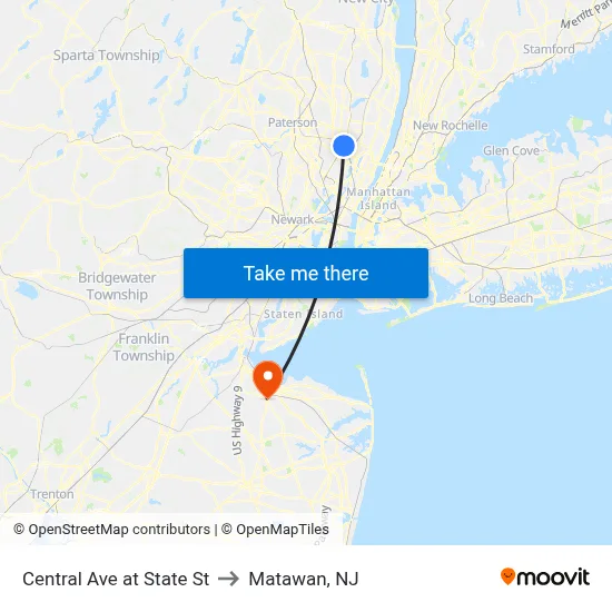 Central Ave at State St to Matawan, NJ map