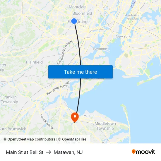 Main St at Bell St to Matawan, NJ map
