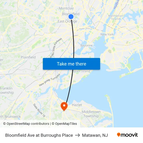 Bloomfield Ave at Burroughs Place to Matawan, NJ map
