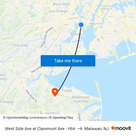 West Side Ave at Claremont Ave - Hblr to Matawan, NJ map