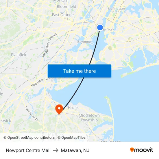 Newport Centre Mall to Matawan, NJ map