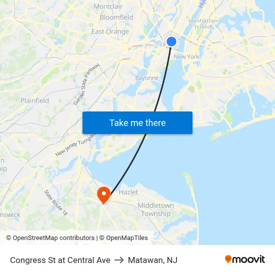 Congress St at Central Ave to Matawan, NJ map