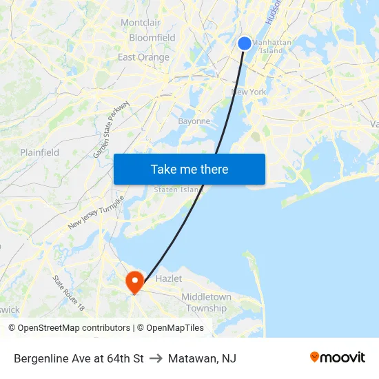 Bergenline Ave at 64th St to Matawan, NJ map