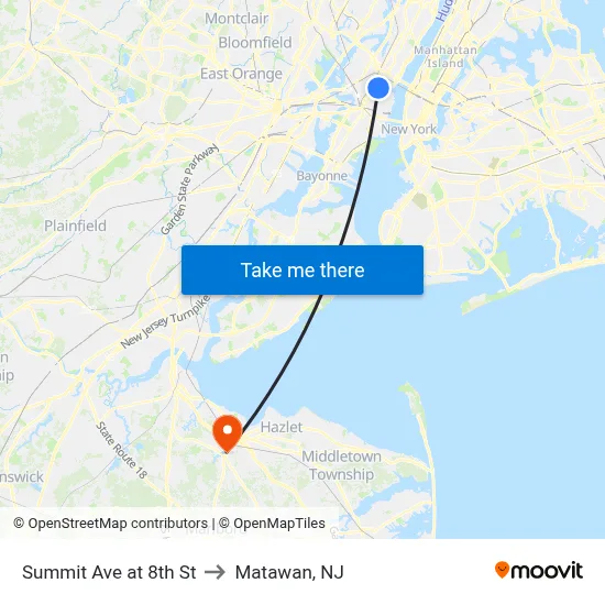 Summit Ave at 8th St to Matawan, NJ map