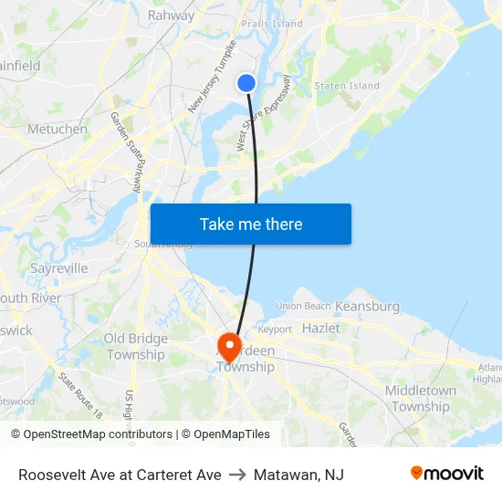 Roosevelt Ave at Carteret Ave to Matawan, NJ map