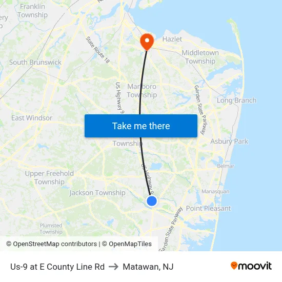 Us-9 at E County Line Rd to Matawan, NJ map