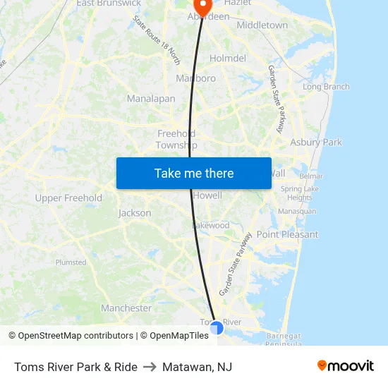 Toms River Park & Ride to Matawan, NJ map