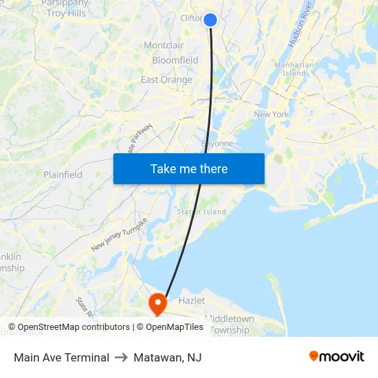 Main Ave Terminal to Matawan, NJ map