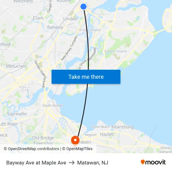 Bayway Ave at Maple Ave to Matawan, NJ map