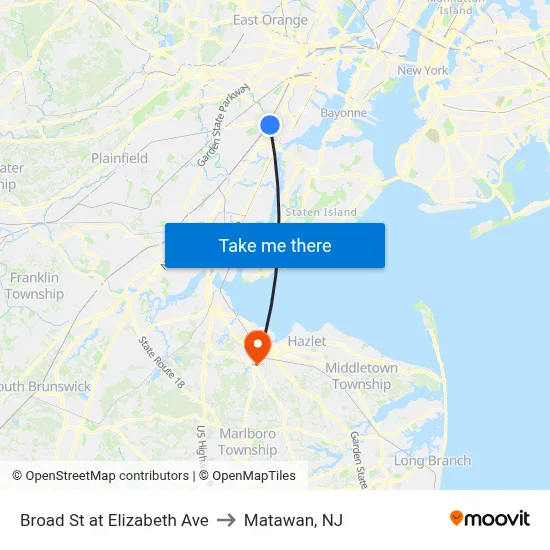 Broad St at Elizabeth Ave to Matawan, NJ map