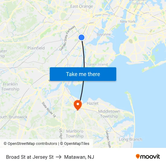 Broad St at Jersey St to Matawan, NJ map