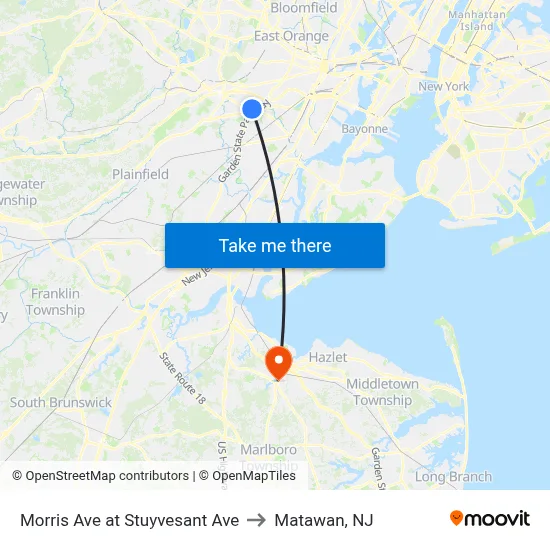 Morris Ave at Stuyvesant Ave to Matawan, NJ map