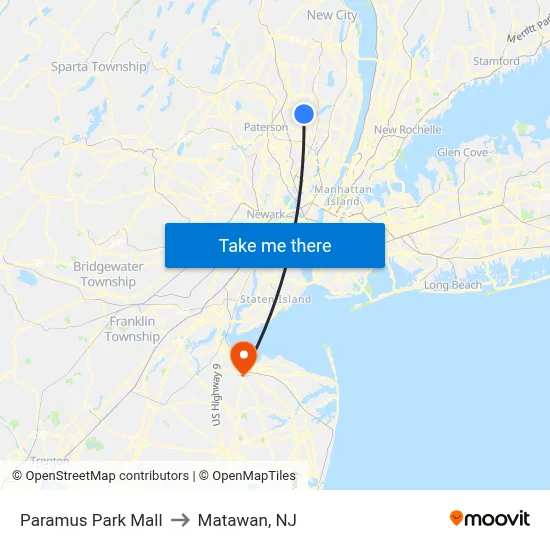 Paramus Park Mall to Matawan, NJ map