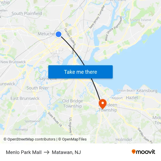 Menlo Park Mall to Matawan, NJ map