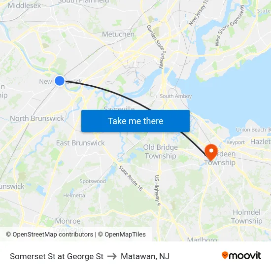 Somerset St at George St to Matawan, NJ map