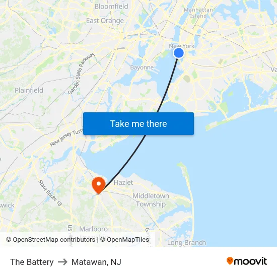 The Battery to Matawan, NJ map